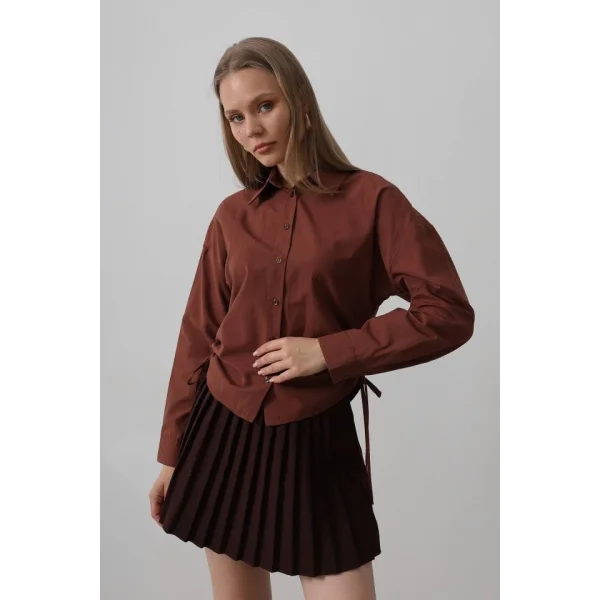 Yanları Bağlamalı Basic Gömlek - Koyu Kahve