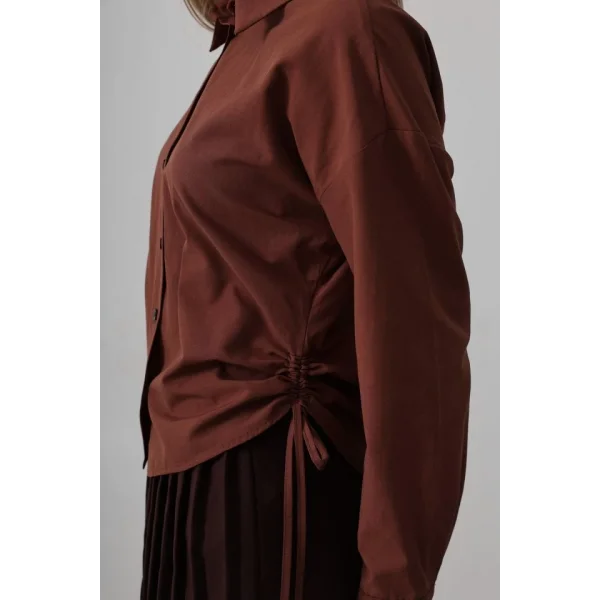 Yanları Bağlamalı Basic Gömlek - Koyu Kahve