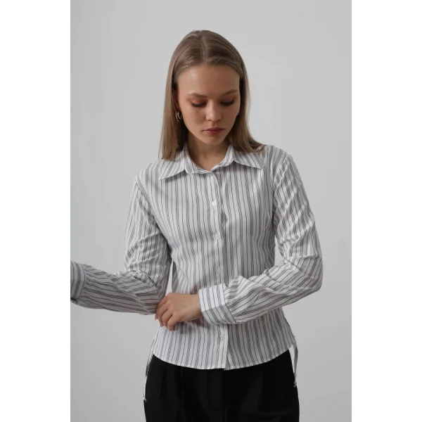 Yanları Büzgülü Çizgili Gömlek - 3 Çizgili Siyah-Beyaz