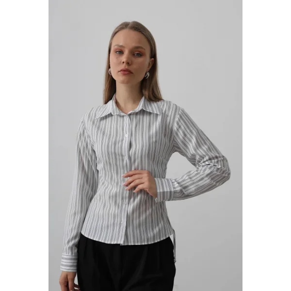 Yanları Büzgülü Çizgili Gömlek - 3 Çizgili Siyah-Beyaz