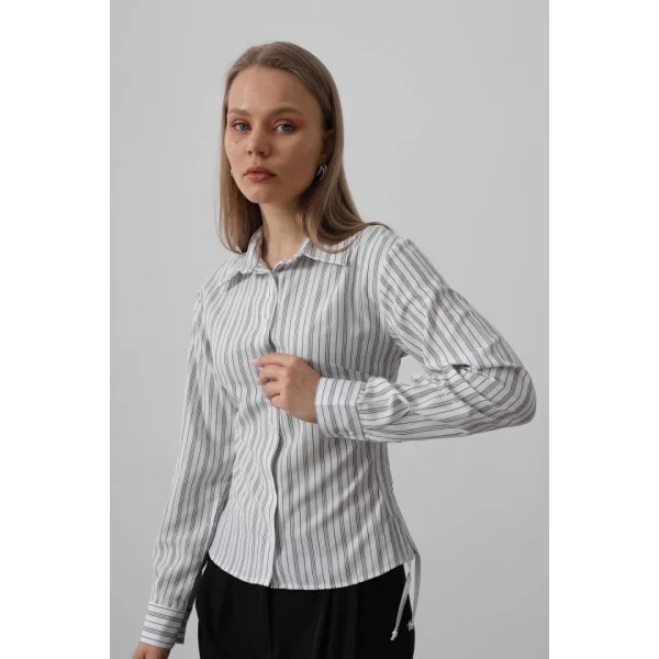 Yanları Büzgülü Çizgili Gömlek - 3 Çizgili Siyah-Beyaz