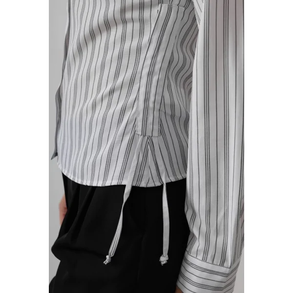 Yanları Büzgülü Çizgili Gömlek - 3 Çizgili Siyah-Beyaz