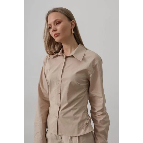 Yanları Büzgülü Çizgili Gömlek - Camel