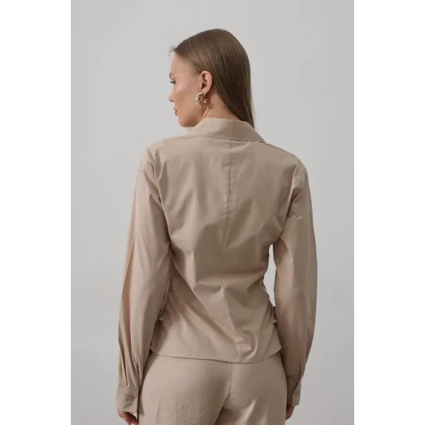 Yanları Büzgülü Çizgili Gömlek - Camel