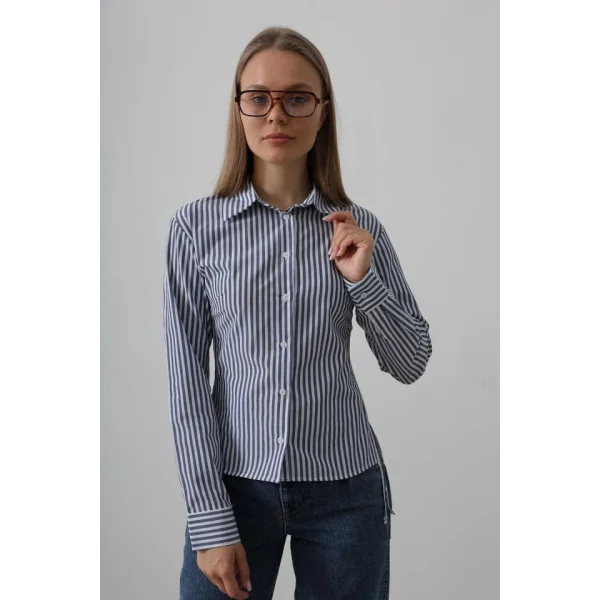 Yanları Büzgülü Çizgili Gömlek - Çizgili İndigo