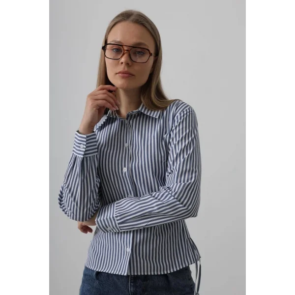 Yanları Büzgülü Çizgili Gömlek - Çizgili İndigo