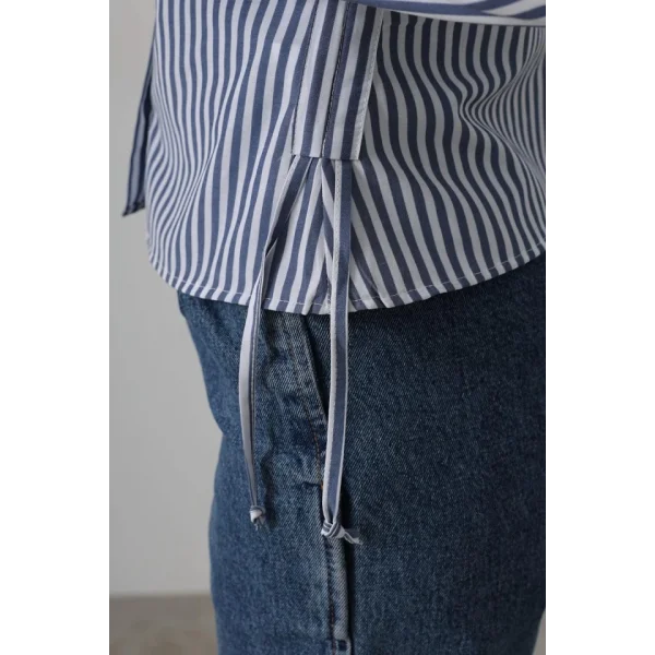 Yanları Büzgülü Çizgili Gömlek - Çizgili İndigo