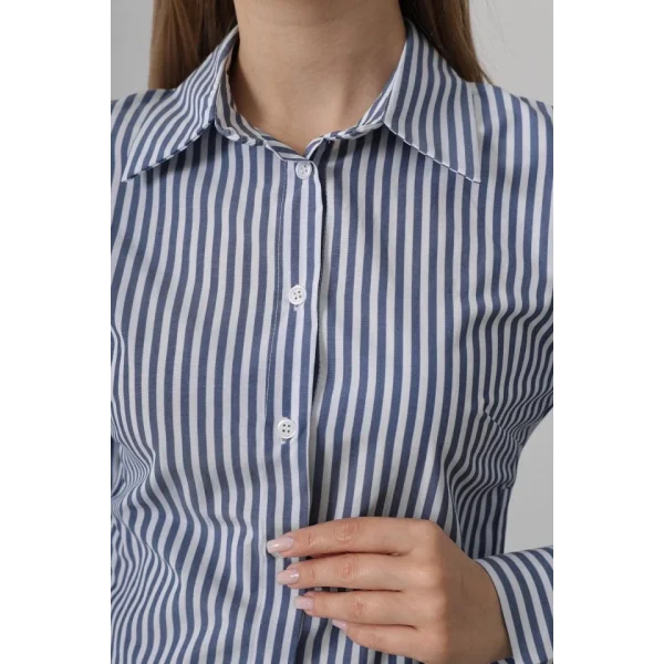Yanları Büzgülü Çizgili Gömlek - Çizgili İndigo