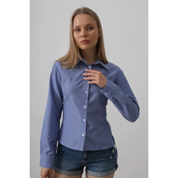 Yanları Büzgülü Çizgili Gömlek - Çizgili Mavi