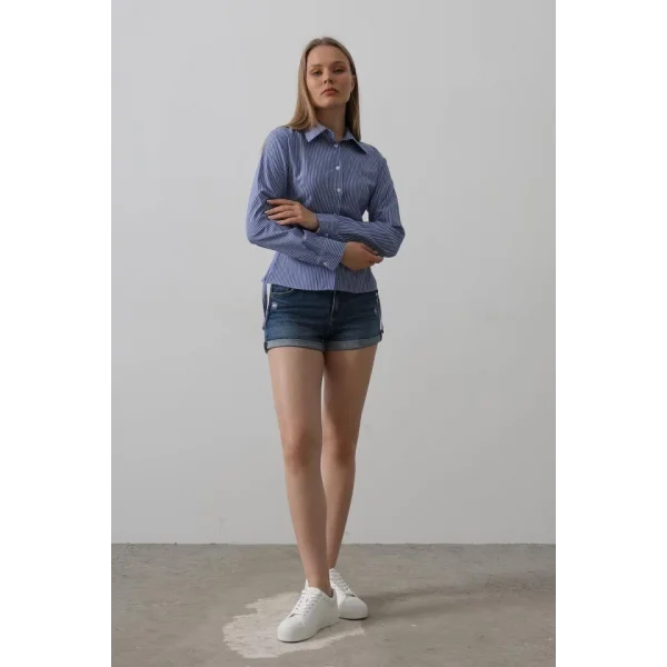 Yanları Büzgülü Çizgili Gömlek - Çizgili Mavi