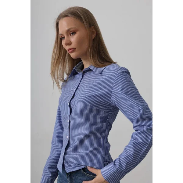 Yanları Büzgülü Çizgili Gömlek - Çizgili Mavi