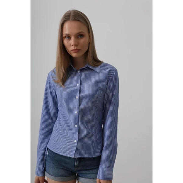 Yanları Büzgülü Çizgili Gömlek - Çizgili Mavi