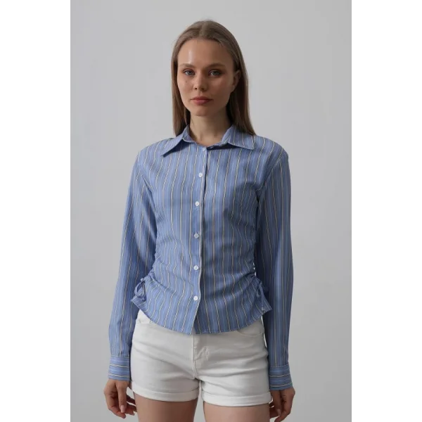 Yanları Büzgülü Çizgili Gömlek - İndigo - Beyaz