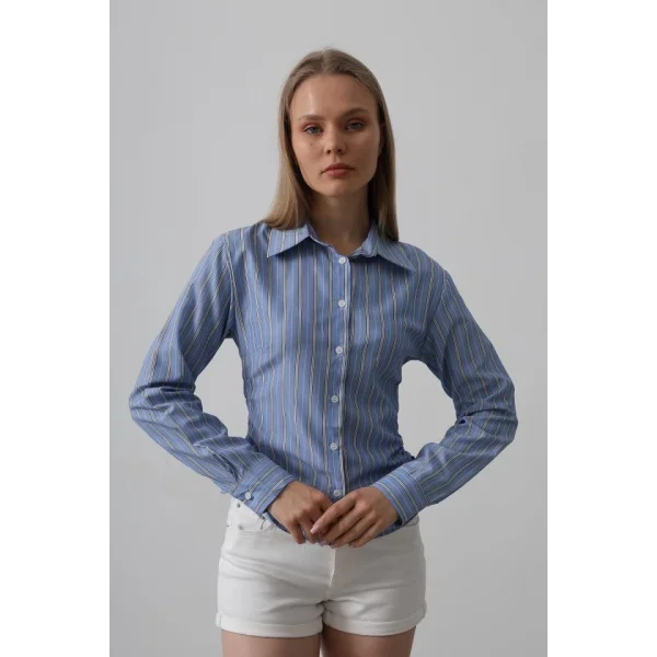Yanları Büzgülü Çizgili Gömlek - İndigo - Beyaz