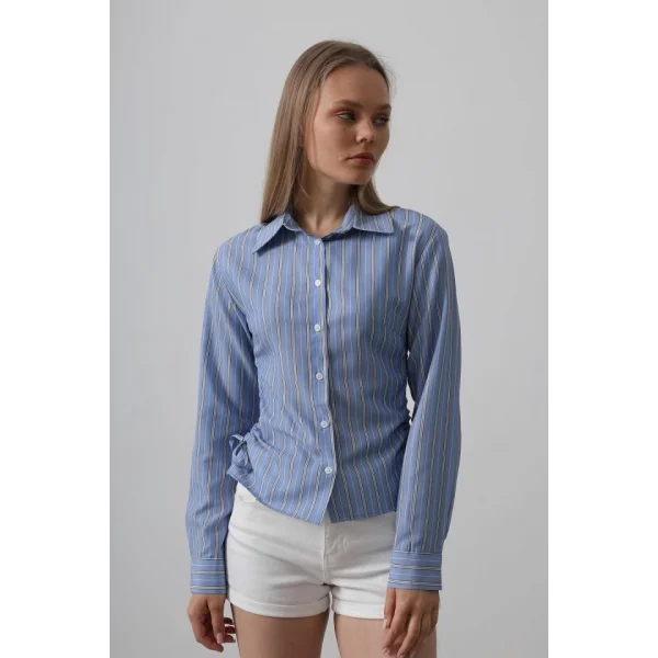 Yanları Büzgülü Çizgili Gömlek - İndigo - Beyaz