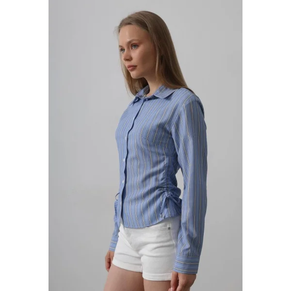 Yanları Büzgülü Çizgili Gömlek - İndigo - Beyaz