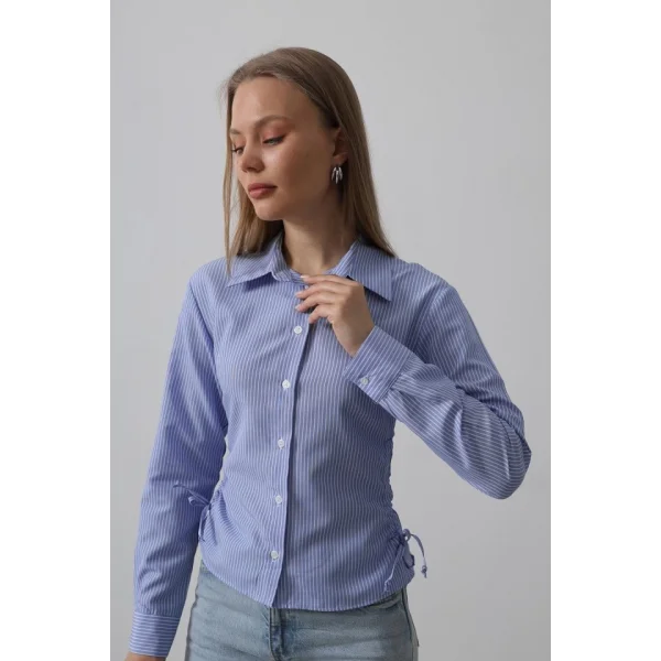 Yanları Büzgülü Çizgili Gömlek - Mavi