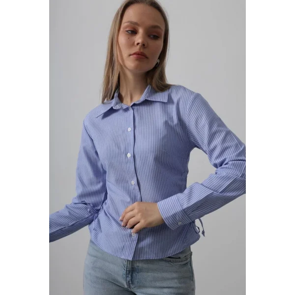 Yanları Büzgülü Çizgili Gömlek - Mavi