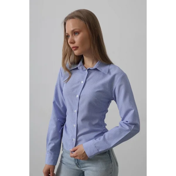 Yanları Büzgülü Çizgili Gömlek - Mavi