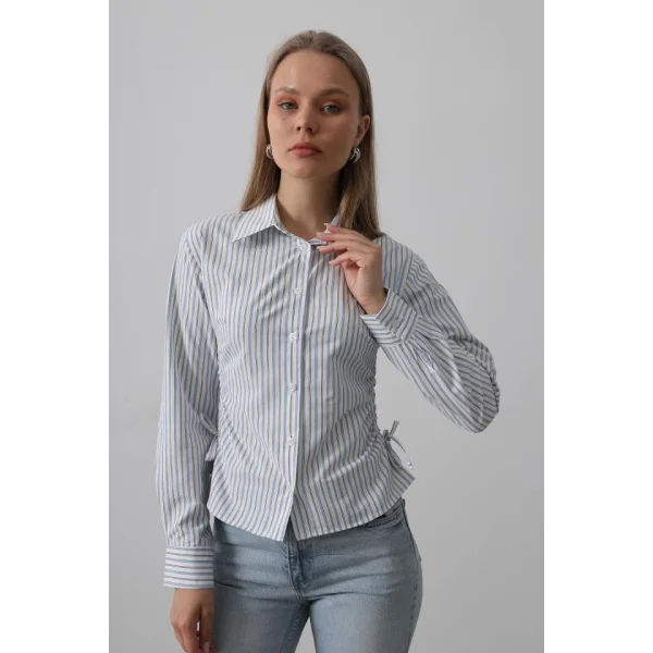 Yanları Büzgülü Çizgili Gömlek - Mavi-Siyah