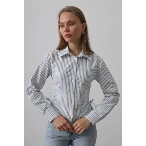 Yanları Büzgülü Çizgili Gömlek - Mavi-Siyah