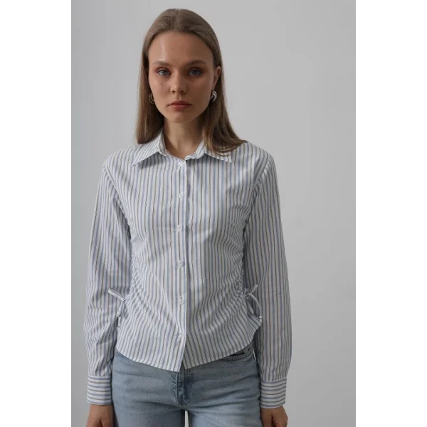 Yanları Büzgülü Çizgili Gömlek - Mavi-Siyah