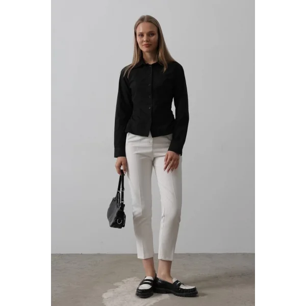 Yanları Büzgülü Çizgili Gömlek - Siyah