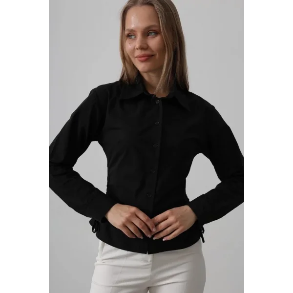 Yanları Büzgülü Çizgili Gömlek - Siyah