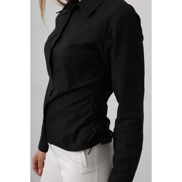 Yanları Büzgülü Çizgili Gömlek - Siyah