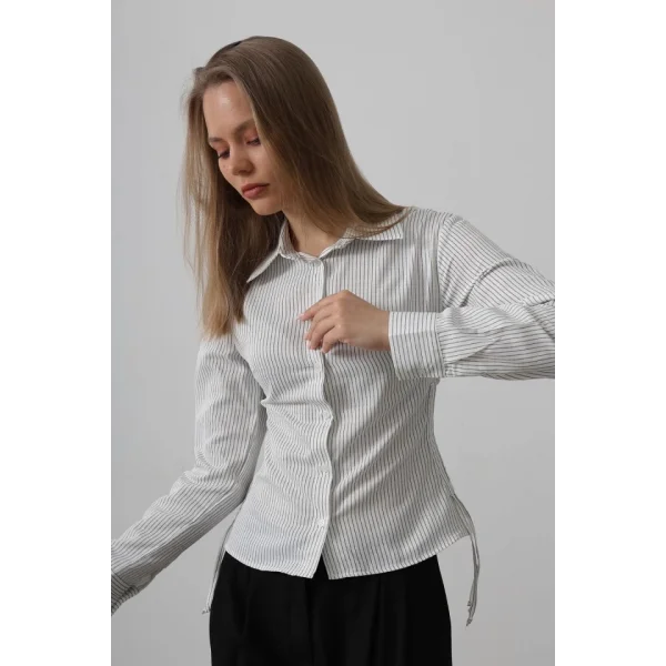 Yanları Büzgülü Çizgili Gömlek - Siyah-Beyaz