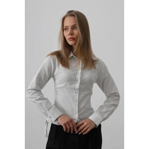 Yanları Büzgülü Çizgili Gömlek - Siyah-Beyaz