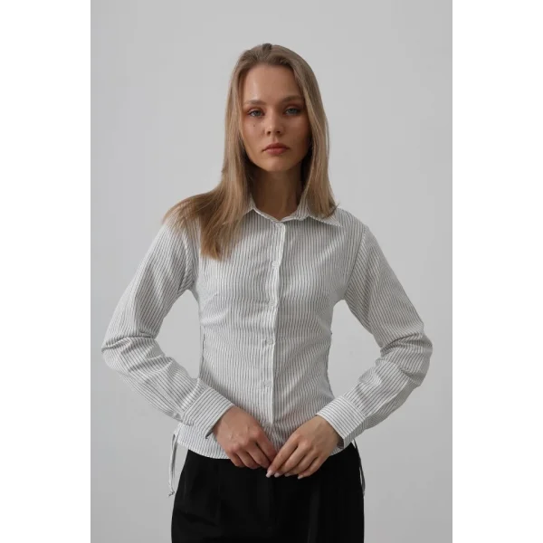 Yanları Büzgülü Çizgili Gömlek - Siyah-Beyaz