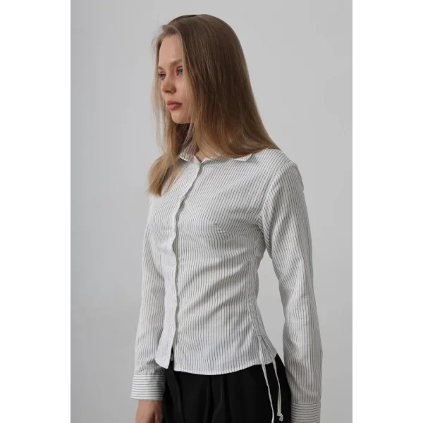 Yanları Büzgülü Çizgili Gömlek - Siyah-Beyaz