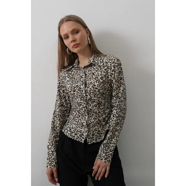 Yanları Büzgülü Leopar Gömlek - Leopar