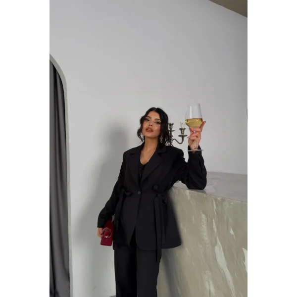 YANLARI KUŞAK DETAYLI CEKET -YELEK - PANTOLON TAKIM - Siyah