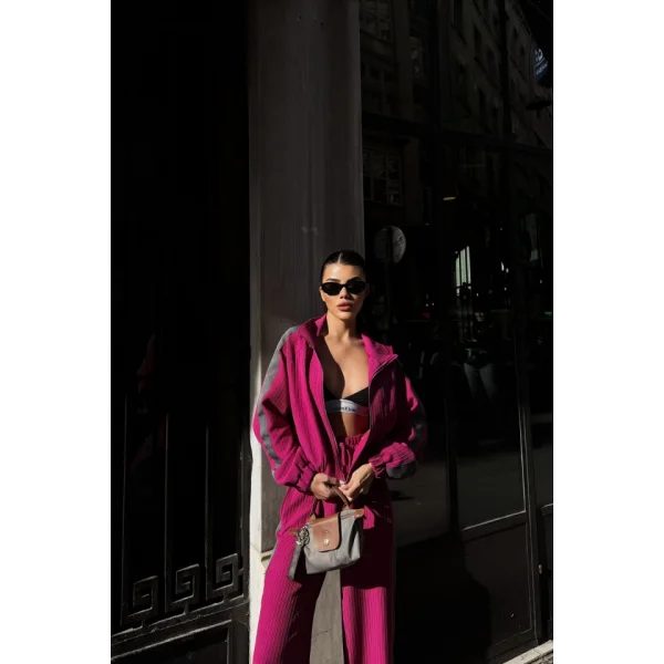 YANLARI ŞERİT DETAYLI OTTOMAN KAPİŞONLU EŞOFMAN TAKIM - Fuşya