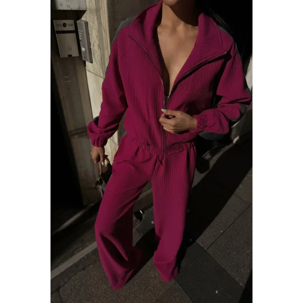 YANLARI ŞERİT DETAYLI OTTOMAN KAPİŞONLU EŞOFMAN TAKIM - Fuşya