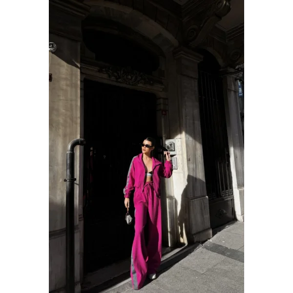 YANLARI ŞERİT DETAYLI OTTOMAN KAPİŞONLU EŞOFMAN TAKIM - Fuşya