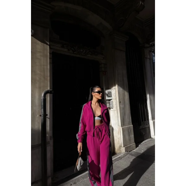 YANLARI ŞERİT DETAYLI OTTOMAN KAPİŞONLU EŞOFMAN TAKIM - Fuşya