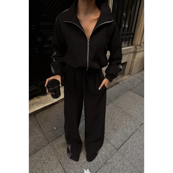 YANLARI ŞERİT DETAYLI OTTOMAN KAPİŞONLU EŞOFMAN TAKIM - Siyah