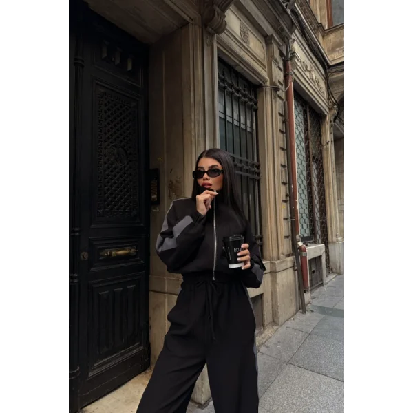 YANLARI ŞERİT DETAYLI OTTOMAN KAPİŞONLU EŞOFMAN TAKIM - Siyah