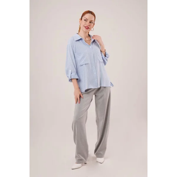 Yarasa Kol Çizgili Cep Detaylı avi Gömlek