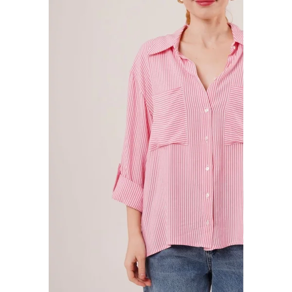 Yarasa Kol Çizgili Cep Detaylı Pembe Gömlek