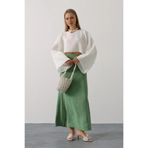 YARASA KOLLU CROP BLUZ - Beyaz