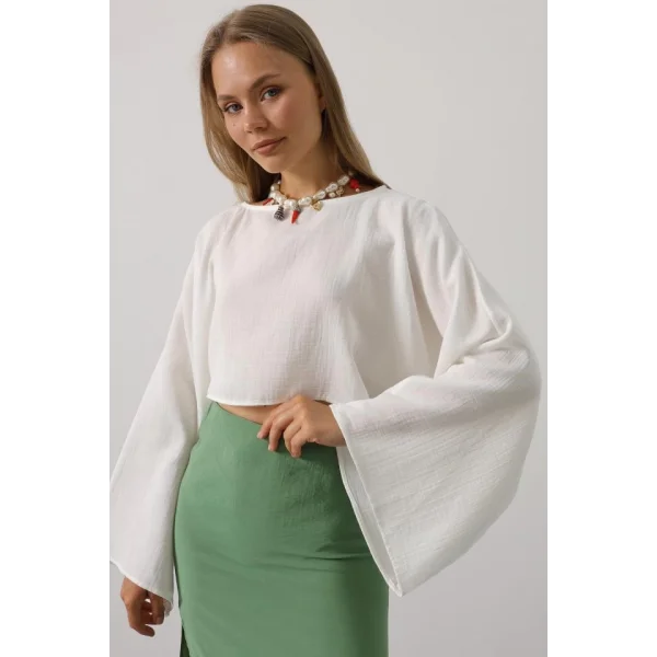 YARASA KOLLU CROP BLUZ - Beyaz