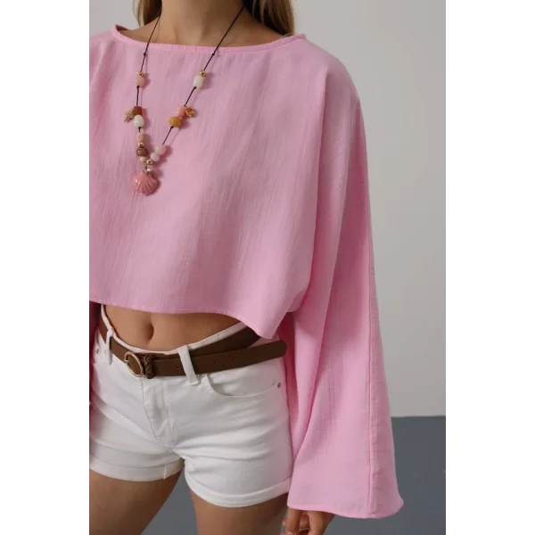 YARASA KOLLU CROP BLUZ - Pembe