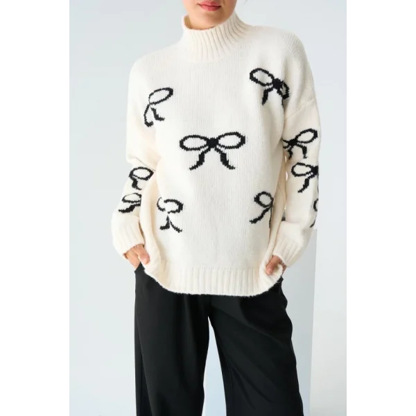 Yarım Balıkçı Triko Kazak  KremSiyah