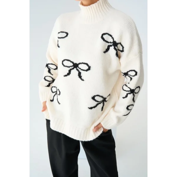 Yarım Balıkçı Triko Kazak  KremSiyah