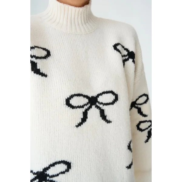 Yarım Balıkçı Triko Kazak  KremSiyah