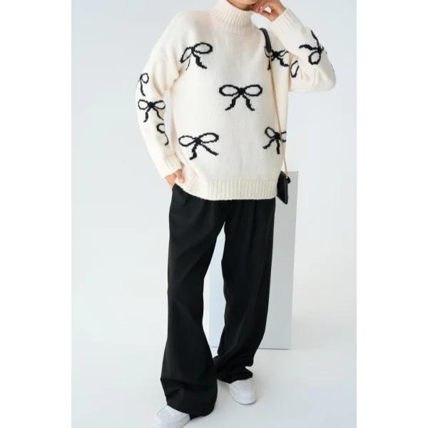 Yarım Balıkçı Triko Kazak  KremSiyah